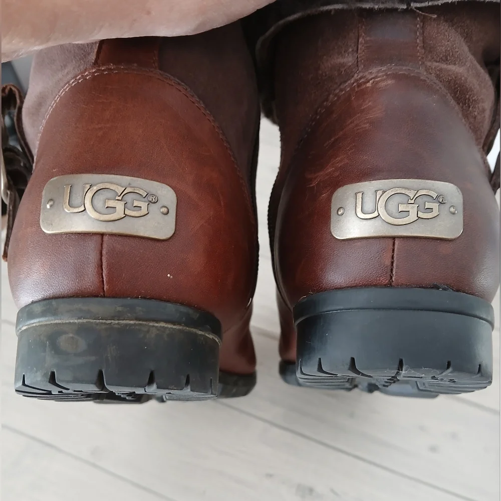 UGG Women's Brown LEATHER Bellvue Ankle Tall SHEARLING Cuff BOOTS shoes Size 8.5 - Picture 13 of 14